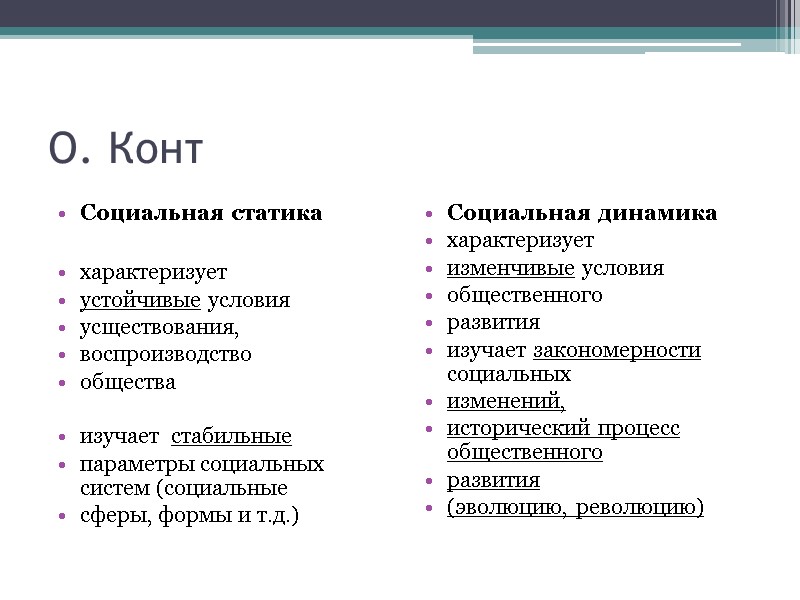 О. Конт Социальная статика  характеризует  устойчивые условия  усществования,  воспроизводство 